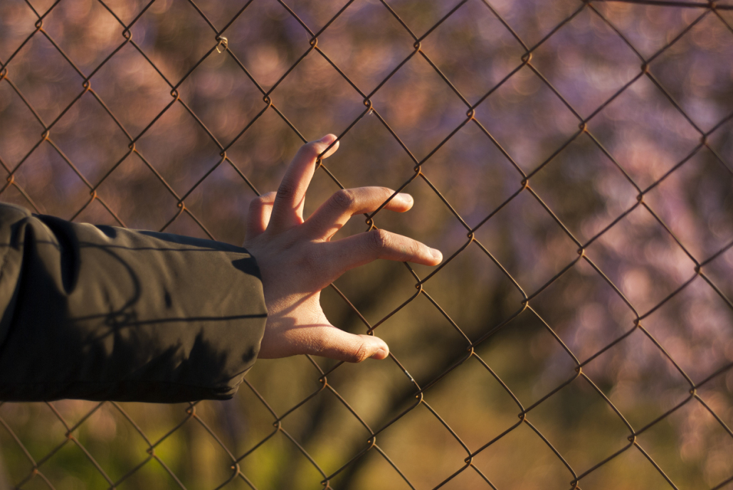 Hand on barbed wire metal fence