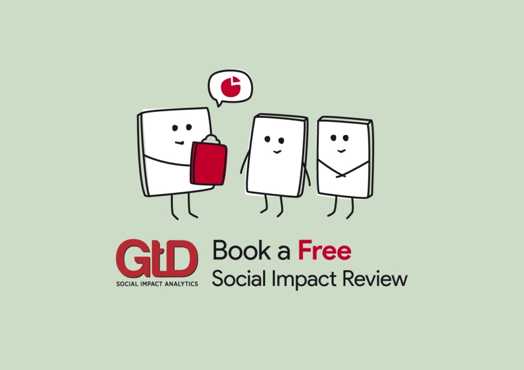 Box characters discussing analytics above the words Book a free social impact review